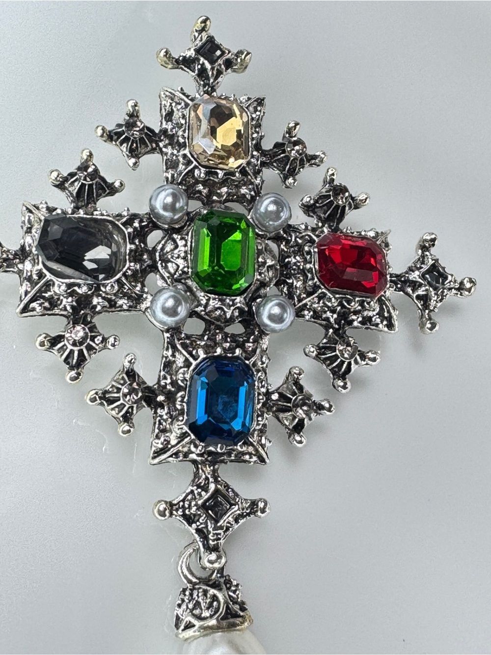 Multicolor Gem Cross Pendant Brooch with Pearl Drop - Picture 4 of 8